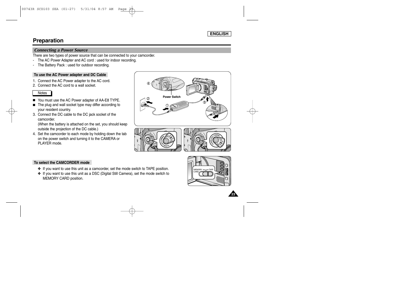 Connecting a power source, To use the ac power adapter and dc cable, To select the camcorder mode | Preparation | Samsung SC-D105-AFS User Manual | Page 27 / 112