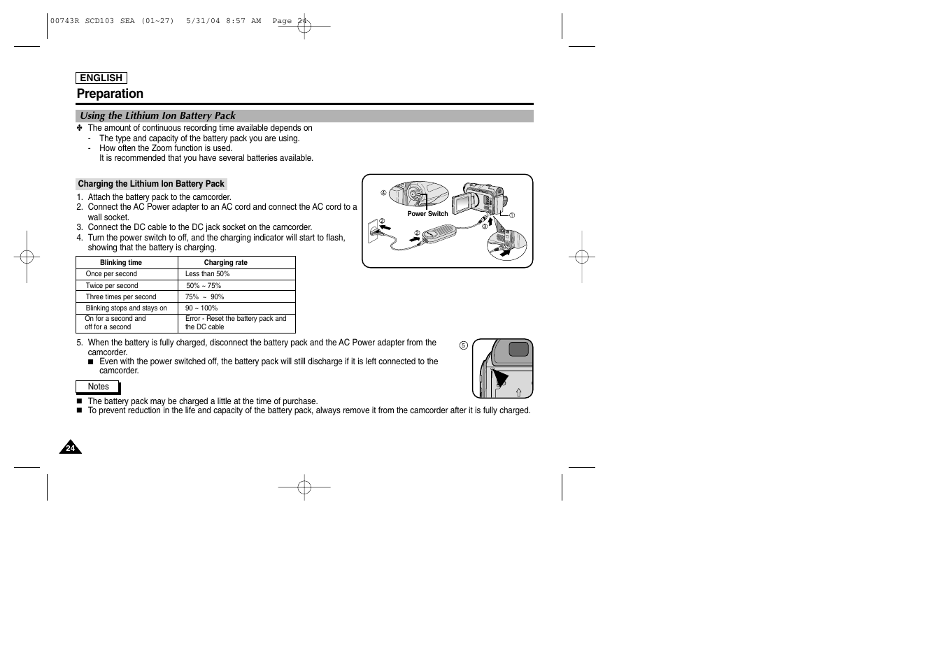 Using the lithium ion battery pack, Charging the lithium ion battery pack, Preparation | Samsung SC-D105-AFS User Manual | Page 28 / 112