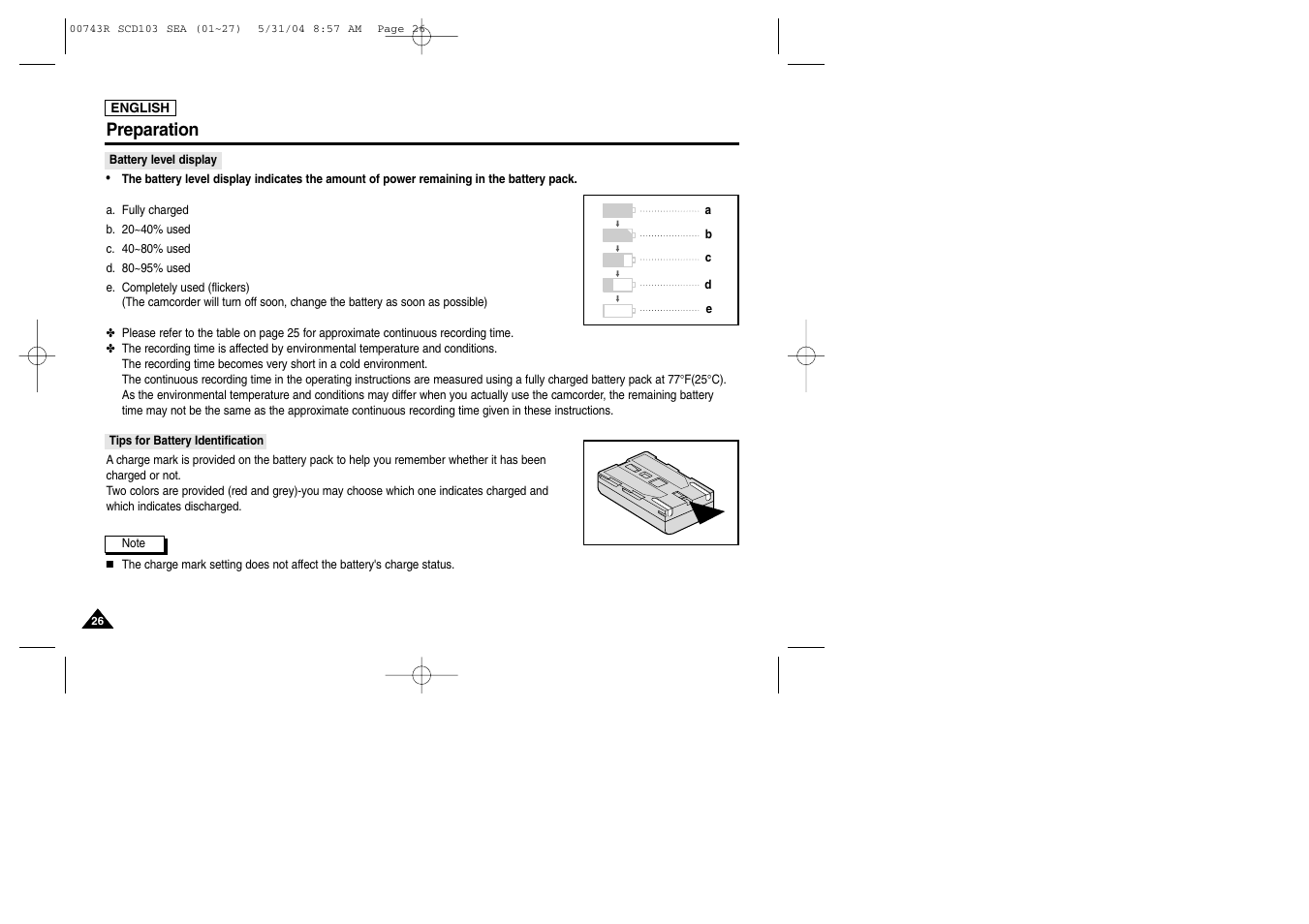 Battery level display, Preparation | Samsung SC-D105-AFS User Manual | Page 30 / 112