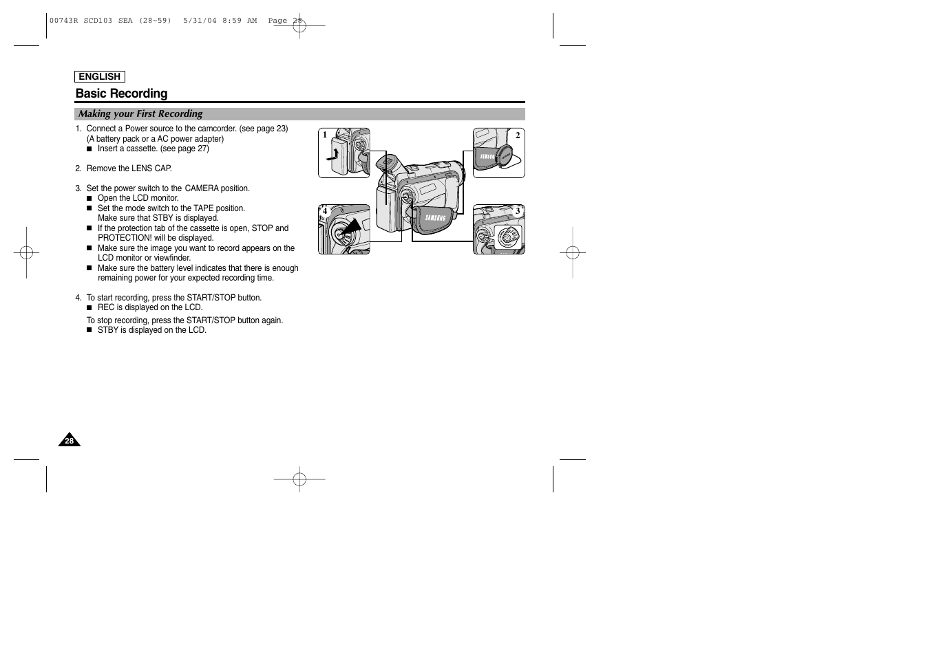 Basic recording, Making your first recording | Samsung SC-D105-AFS User Manual | Page 32 / 112