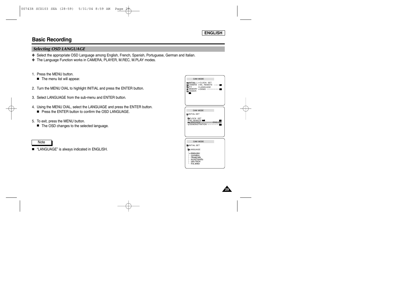 Selecting osd language, Basic recording | Samsung SC-D105-AFS User Manual | Page 33 / 112