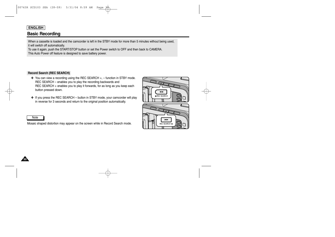 Record search (rec search), Basic recording | Samsung SC-D105-AFS User Manual | Page 34 / 112