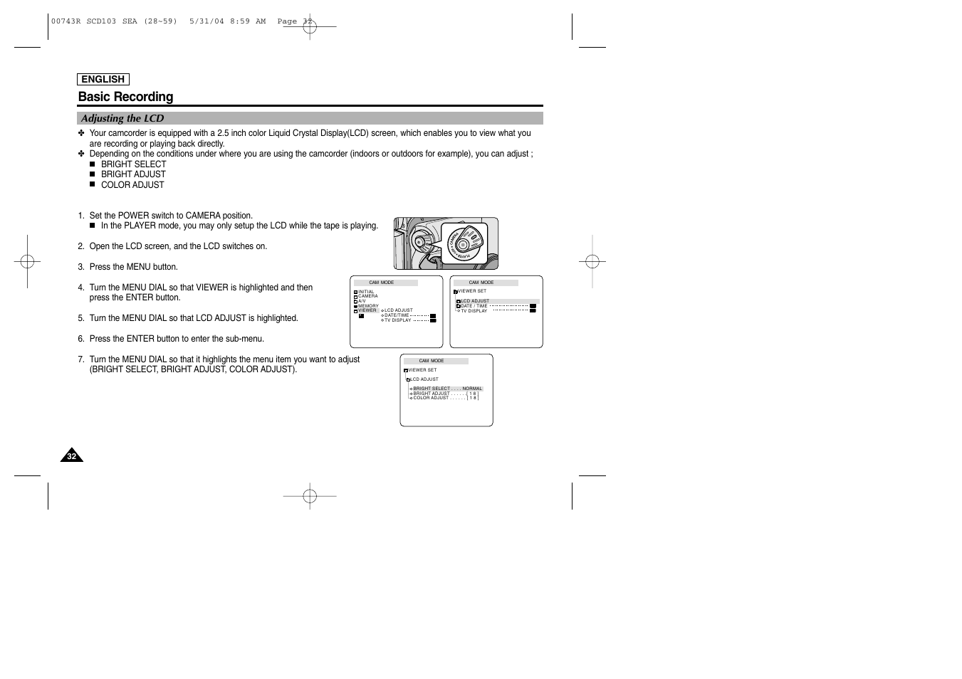 Adjusting the lcd, Basic recording | Samsung SC-D105-AFS User Manual | Page 36 / 112