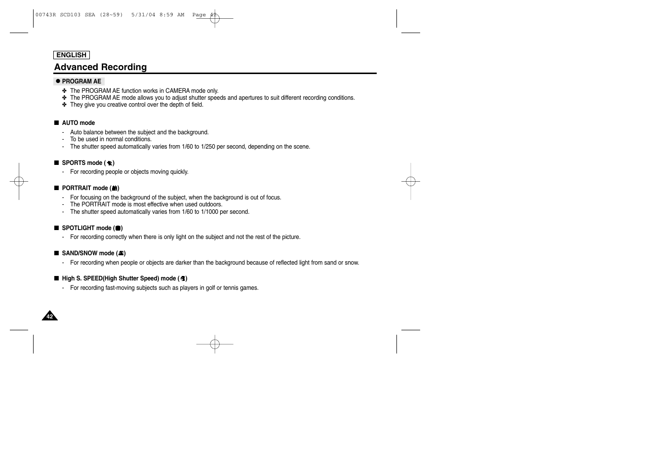 Program ae, Advanced recording | Samsung SC-D105-AFS User Manual | Page 46 / 112