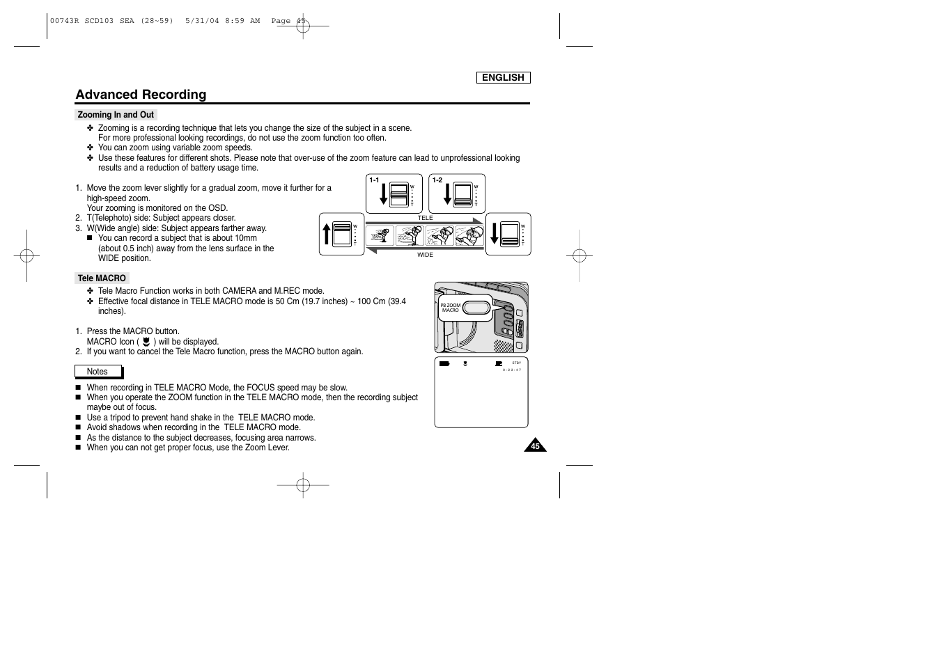 Zooming in and out, Tele macro, Advanced recording | Samsung SC-D105-AFS User Manual | Page 49 / 112