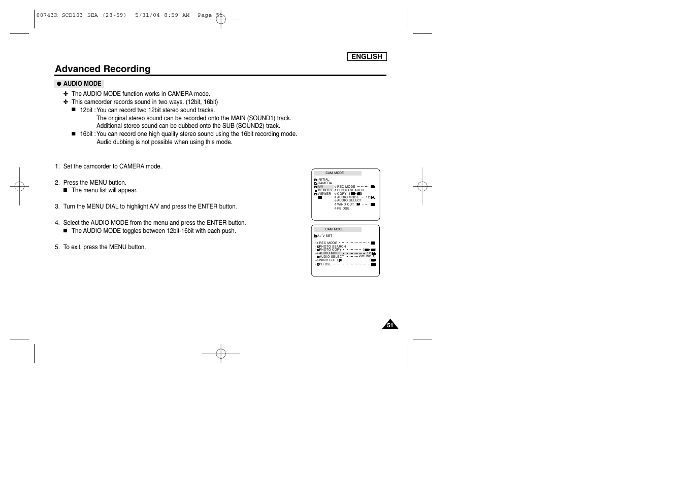 Audio mode, Advanced recording | Samsung SC-D105-AFS User Manual | Page 55 / 112