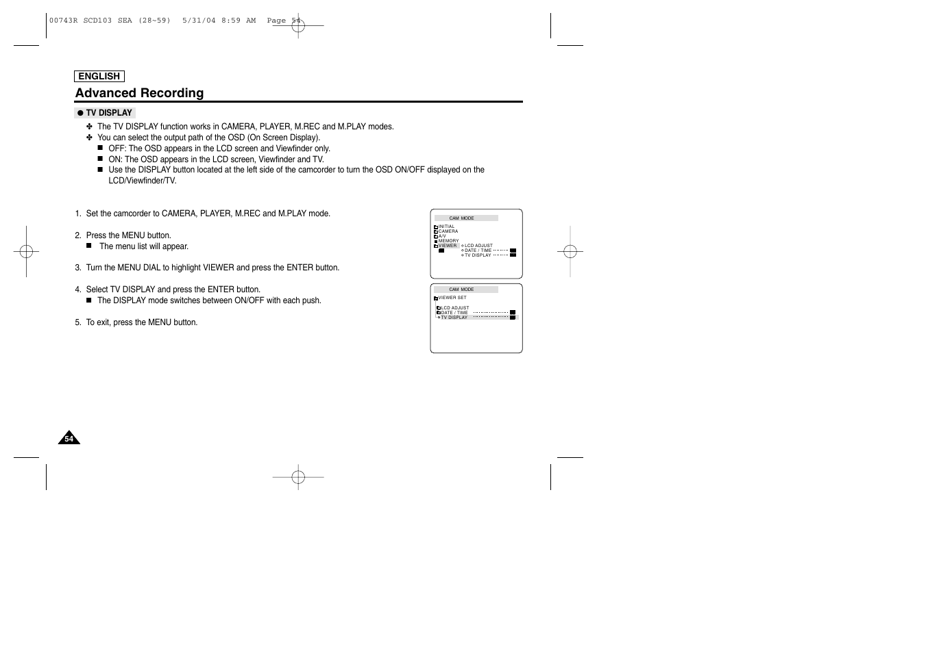 Tv display, Advanced recording | Samsung SC-D105-AFS User Manual | Page 58 / 112