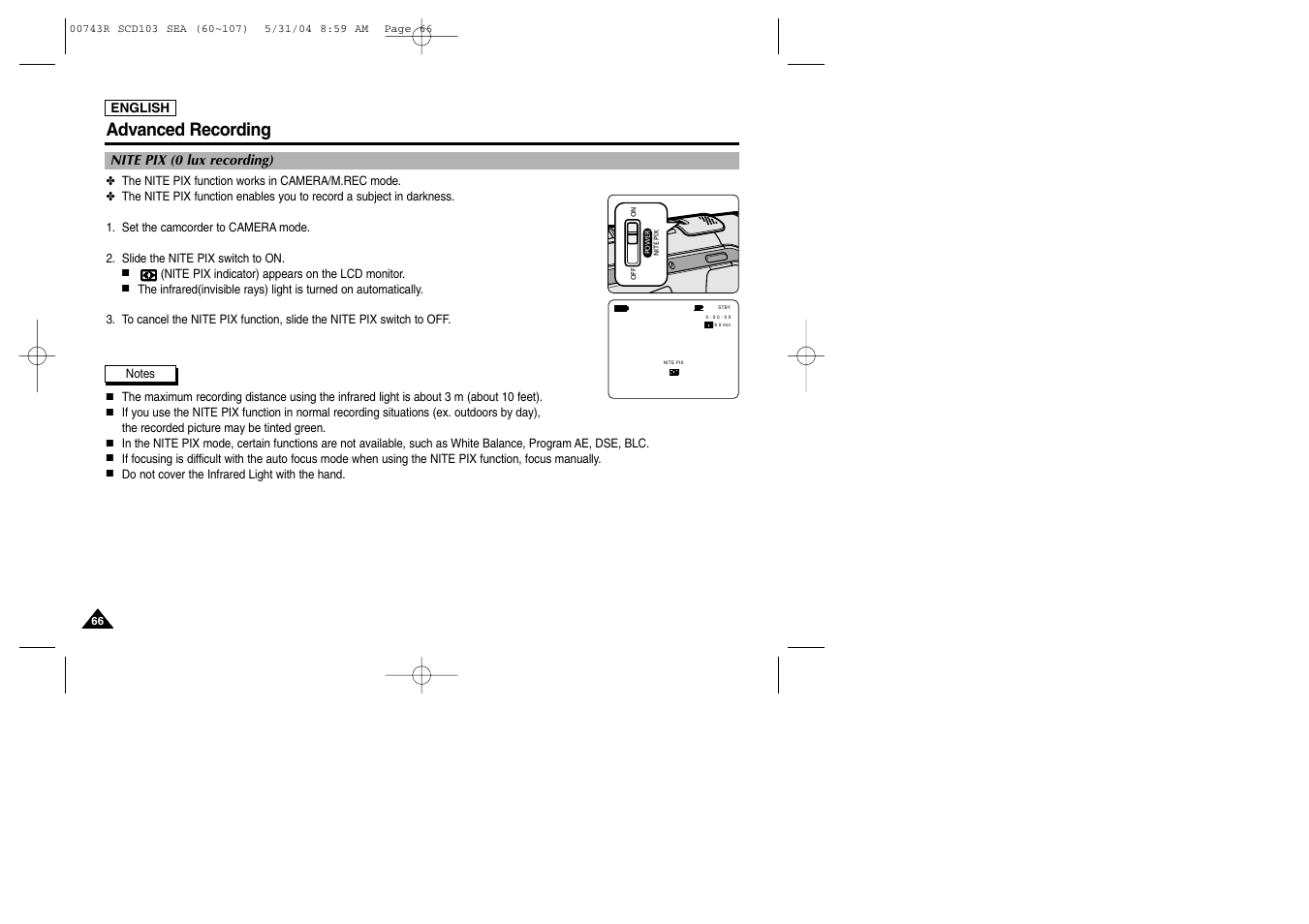 Nite pix (0 lux recording), Advanced recording | Samsung SC-D105-AFS User Manual | Page 70 / 112