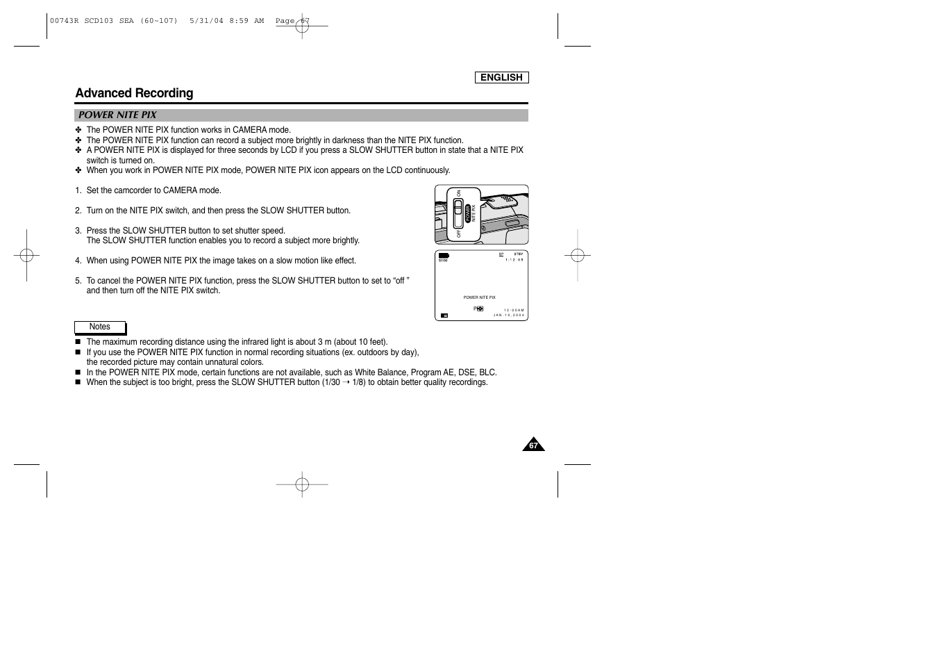 Power nite pix, Advanced recording | Samsung SC-D105-AFS User Manual | Page 71 / 112