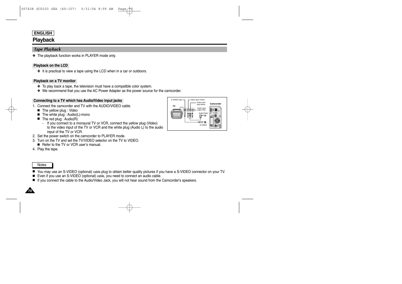 Playback, Tape playback, Playback on the lcd | Playback on a tv monitor | Samsung SC-D105-AFS User Manual | Page 74 / 112