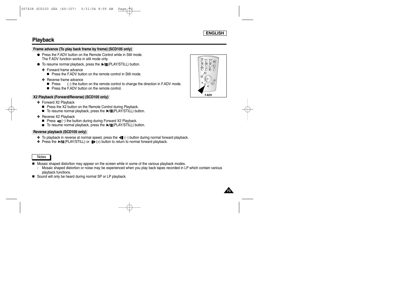 X2 playback (forward/reverse) (scd105 only), Reverse playback (scd105 only), Playback | Samsung SC-D105-AFS User Manual | Page 77 / 112