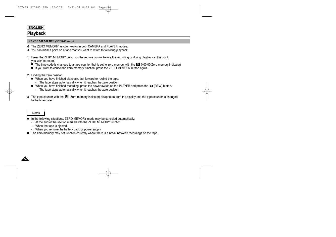 Zero memory (scd105 only), Playback | Samsung SC-D105-AFS User Manual | Page 78 / 112