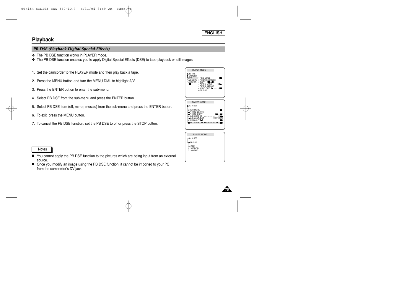 Pb dse (playback digital special effects), Playback | Samsung SC-D105-AFS User Manual | Page 79 / 112