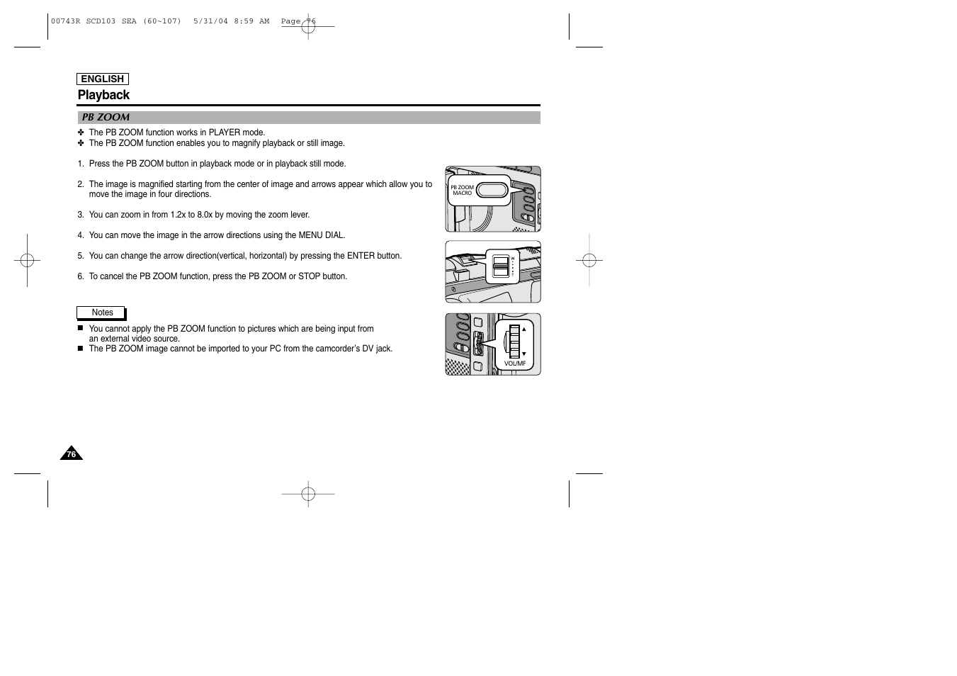 Pb zoom, Playback | Samsung SC-D105-AFS User Manual | Page 80 / 112