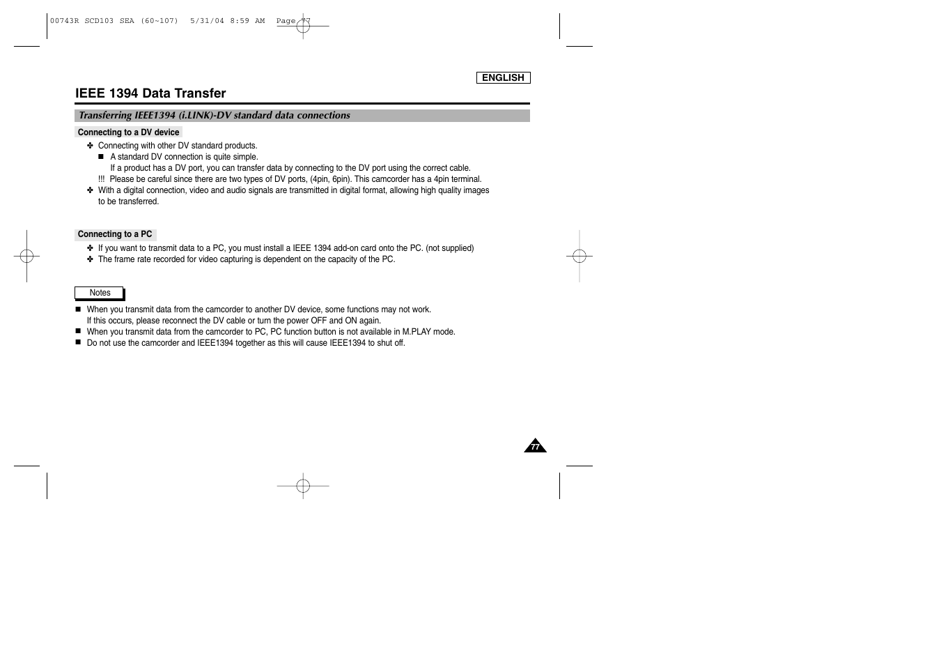 Ieee 1394 data transfer, Connecting to a dv device, Connecting to a pc | Samsung SC-D105-AFS User Manual | Page 81 / 112