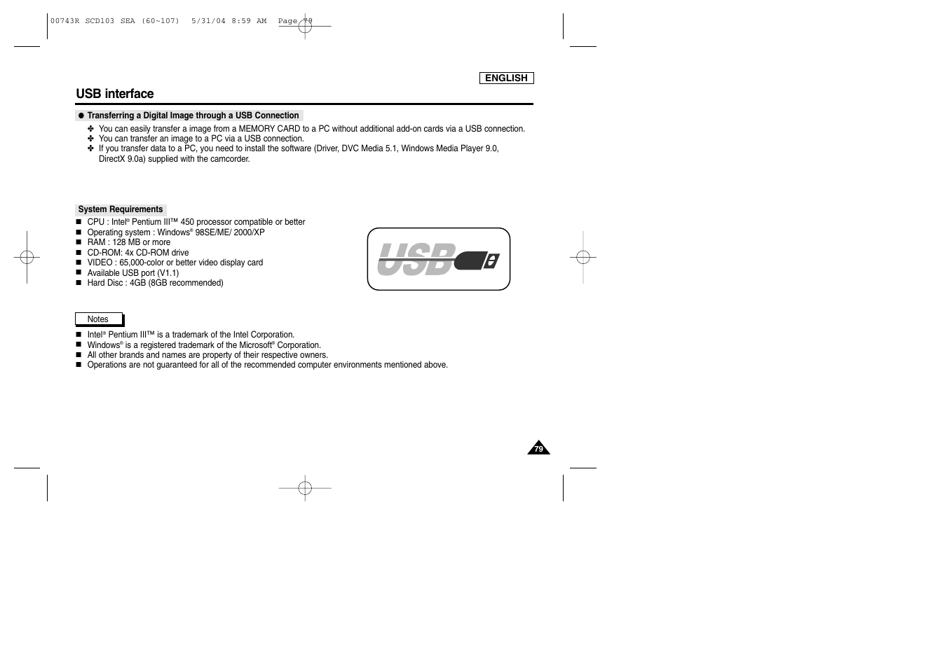 Usb interface, System requirements | Samsung SC-D105-AFS User Manual | Page 83 / 112