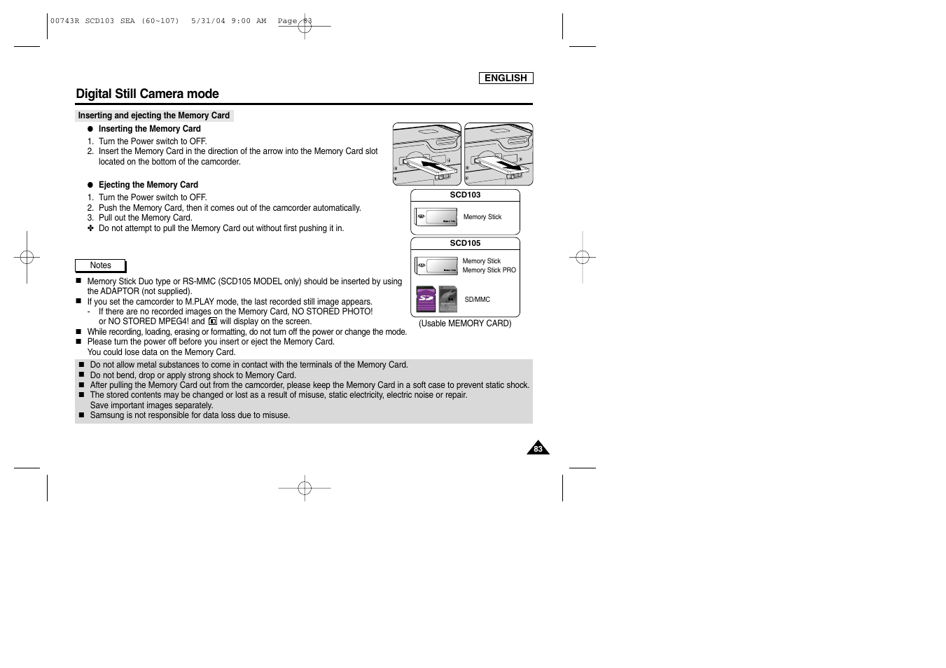 Inserting and ejecting the memory card, Digital still camera mode | Samsung SC-D105-AFS User Manual | Page 87 / 112