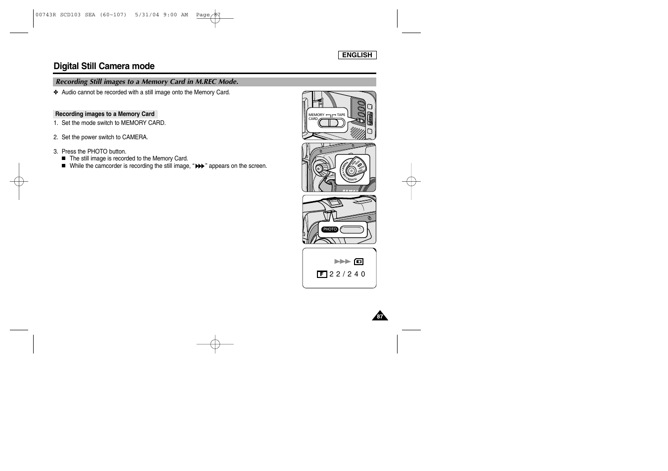 Recording images to a memory card, Digital still camera mode | Samsung SC-D105-AFS User Manual | Page 91 / 112