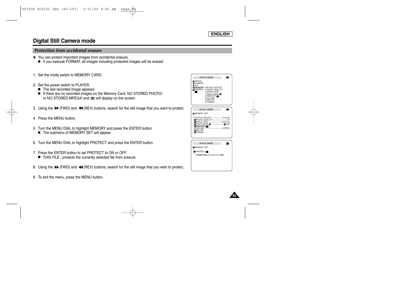 Protection from accidental erasure, Digital still camera mode | Samsung SC-D105-AFS User Manual | Page 97 / 112