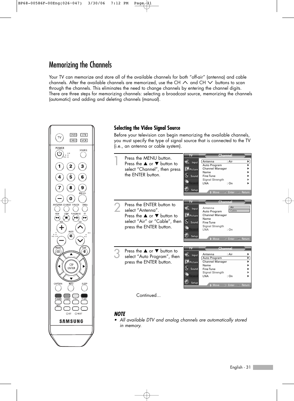 Memorizing the channels, Selecting the video signal source | Samsung HLS6165WX-XAA User Manual | Page 31 / 120