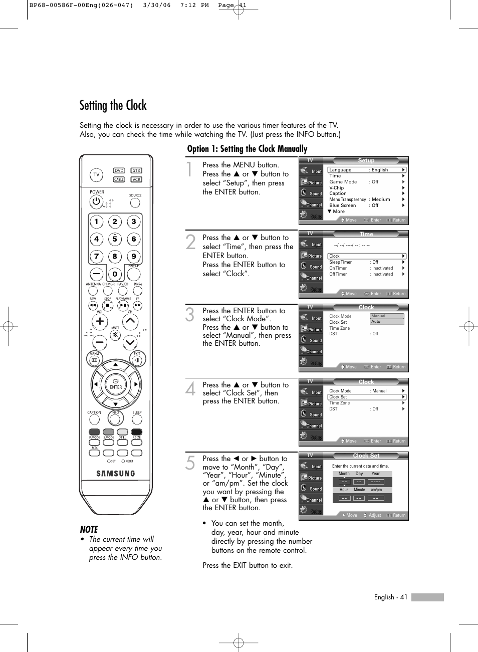 Setting the clock, Option 1: setting the clock manually | Samsung HLS6165WX-XAA User Manual | Page 41 / 120