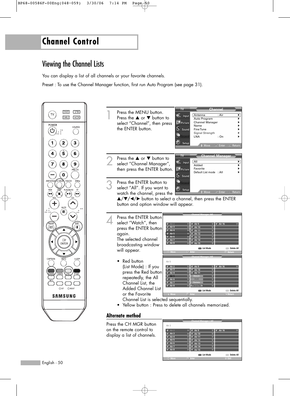 Viewing the channel lists, Channel control, Alternate method | Samsung HLS6165WX-XAA User Manual | Page 50 / 120