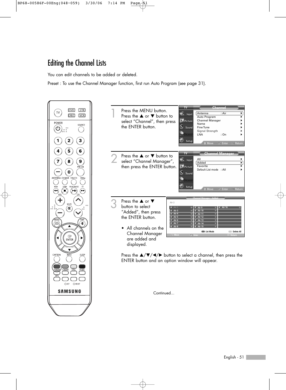 Editing the channel lists | Samsung HLS6165WX-XAA User Manual | Page 51 / 120