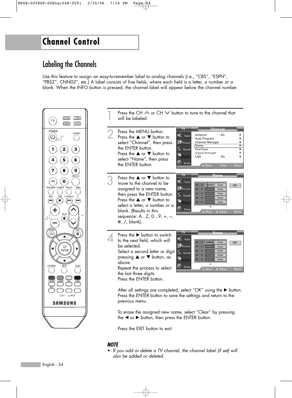 Labeling the channels, Channel control | Samsung HLS6165WX-XAA User Manual | Page 54 / 120