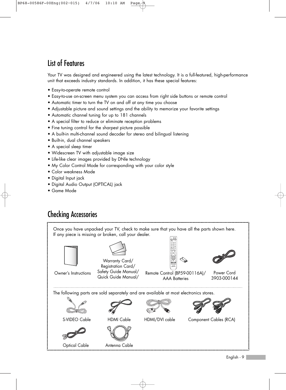 List of features, Checking accessories | Samsung HLS6165WX-XAA User Manual | Page 9 / 120
