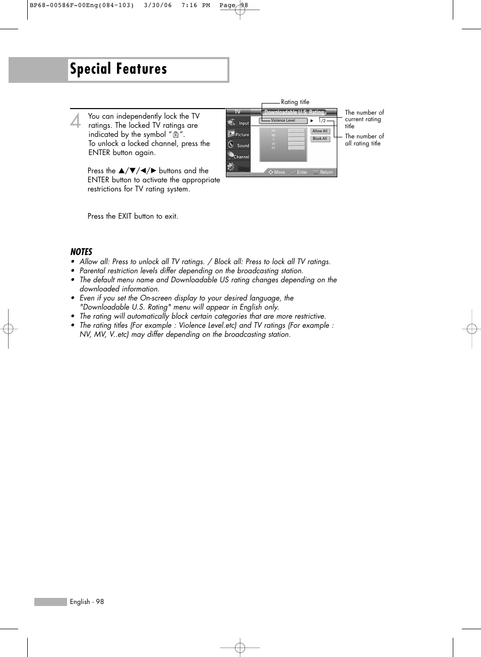 Special features | Samsung HLS6165WX-XAA User Manual | Page 98 / 120
