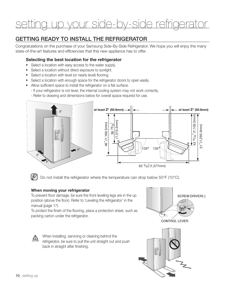 Setting up your side-by-side refrigerator, Getting ready to install the refrigerator, Selecting the best location for the refrigerator | Samsung RS263TDPN-XAA User Manual | Page 10 / 68