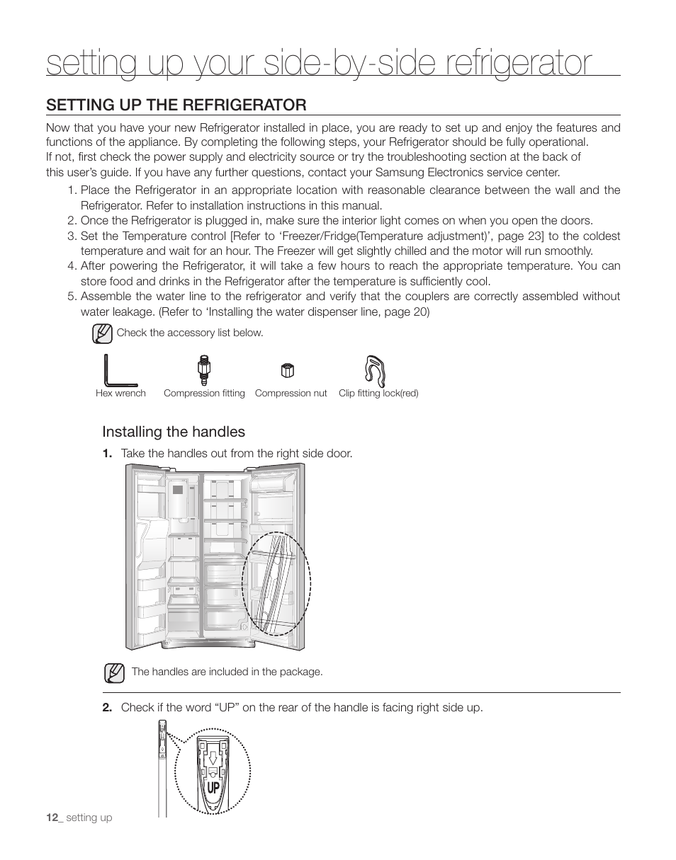 Setting up your side-by-side refrigerator, Setting up the refrigerator, Installing the handles | Samsung RS263TDPN-XAA User Manual | Page 12 / 68