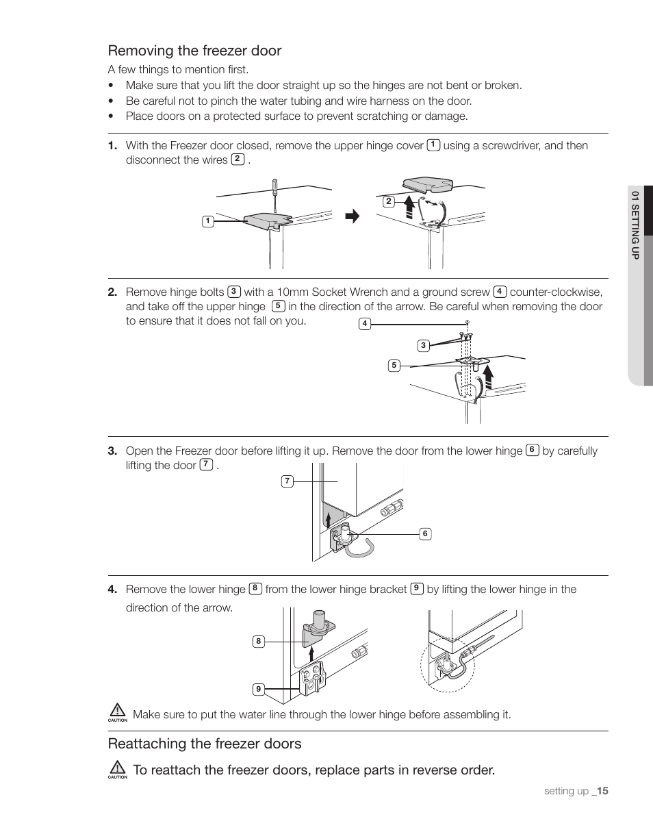 Removing the freezer door, Reattaching the freezer doors | Samsung RS263TDPN-XAA User Manual | Page 15 / 68