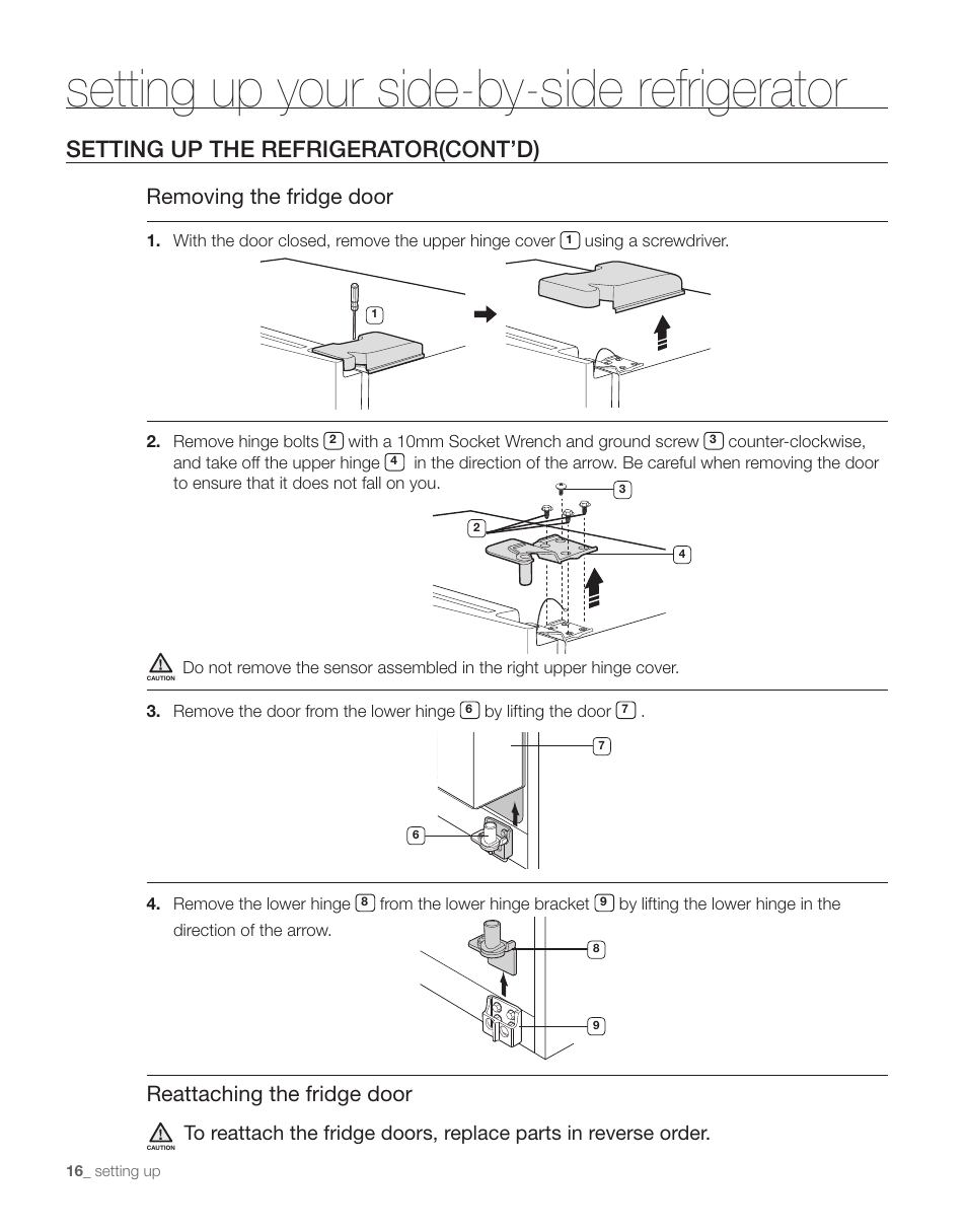 Setting up your side-by-side refrigerator, Setting up the refrigerator(cont’d), Removing the fridge door | Reattaching the fridge door | Samsung RS263TDPN-XAA User Manual | Page 16 / 68