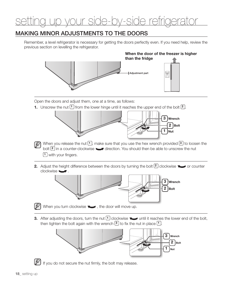 Setting up your side-by-side refrigerator, Making minor adjustments to the doors | Samsung RS263TDPN-XAA User Manual | Page 18 / 68