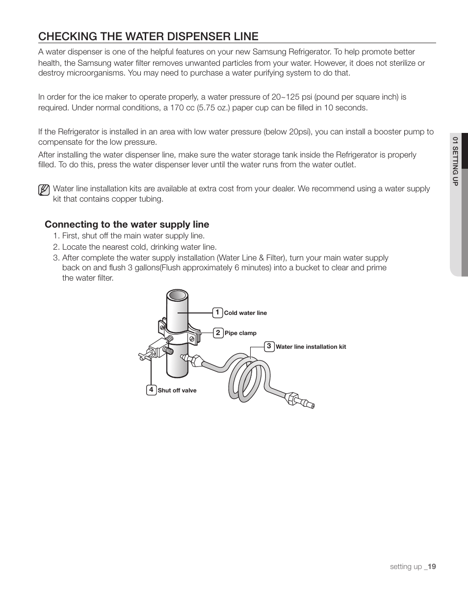 Checking the water dispenser line, Connecting to the water supply line | Samsung RS263TDPN-XAA User Manual | Page 19 / 68