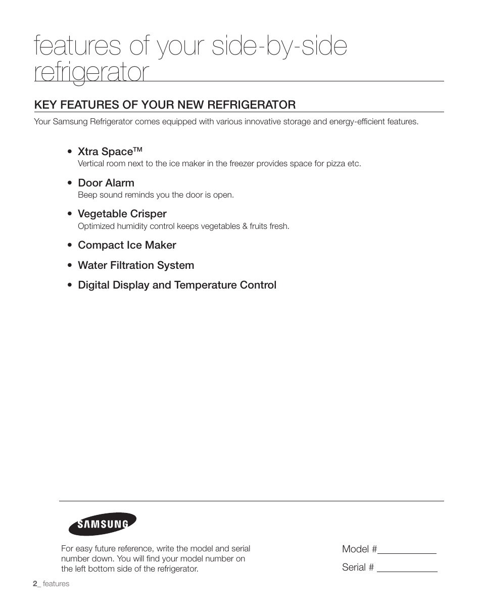 Features of your side-by-side refrigerator | Samsung RS263TDPN-XAA User Manual | Page 2 / 68