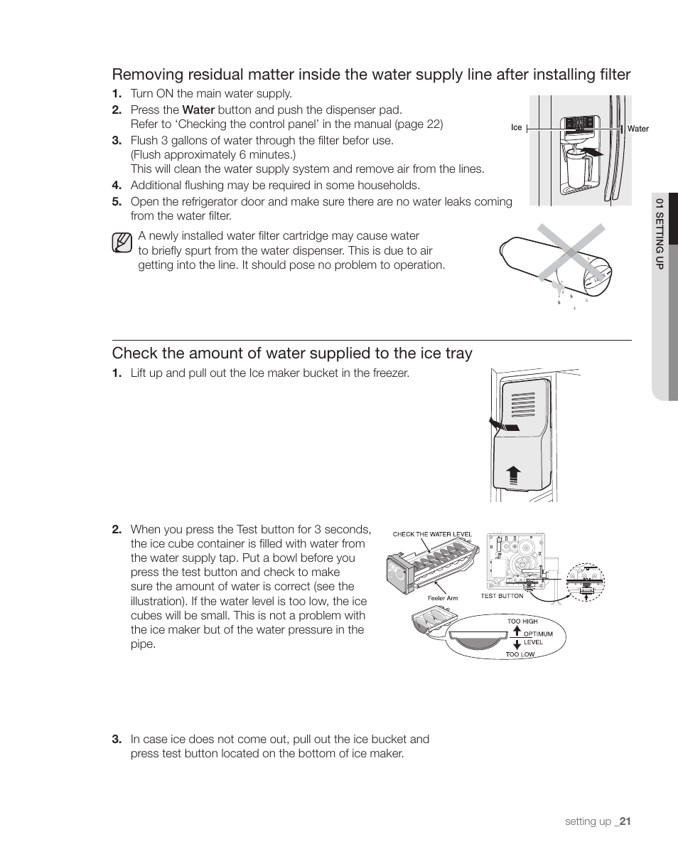 Check the amount of water supplied to the ice tray, Setting up | Samsung RS263TDPN-XAA User Manual | Page 21 / 68