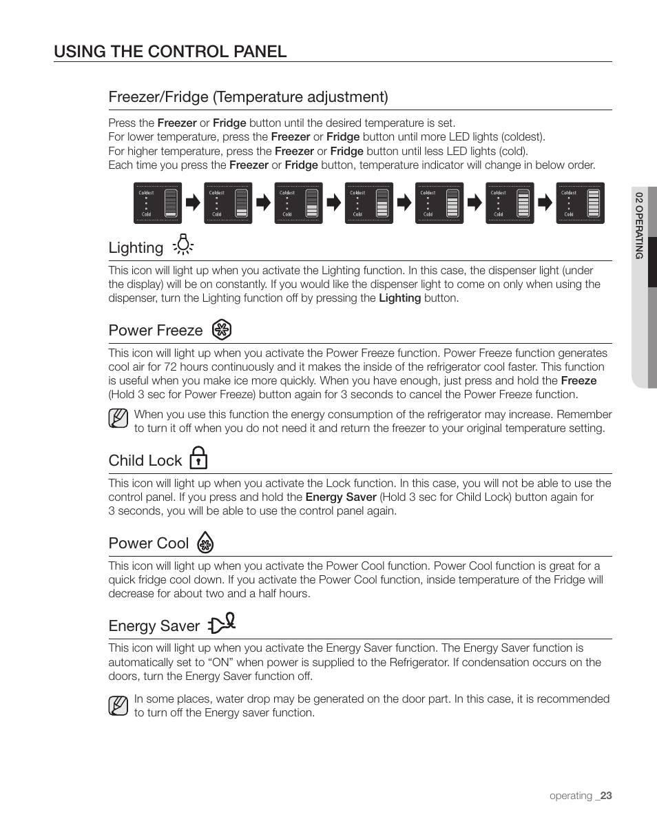 Using the control panel, Freezer/fridge (temperature adjustment), Lighting | Power freeze, Child lock, Power cool, Energy saver | Samsung RS263TDPN-XAA User Manual | Page 23 / 68