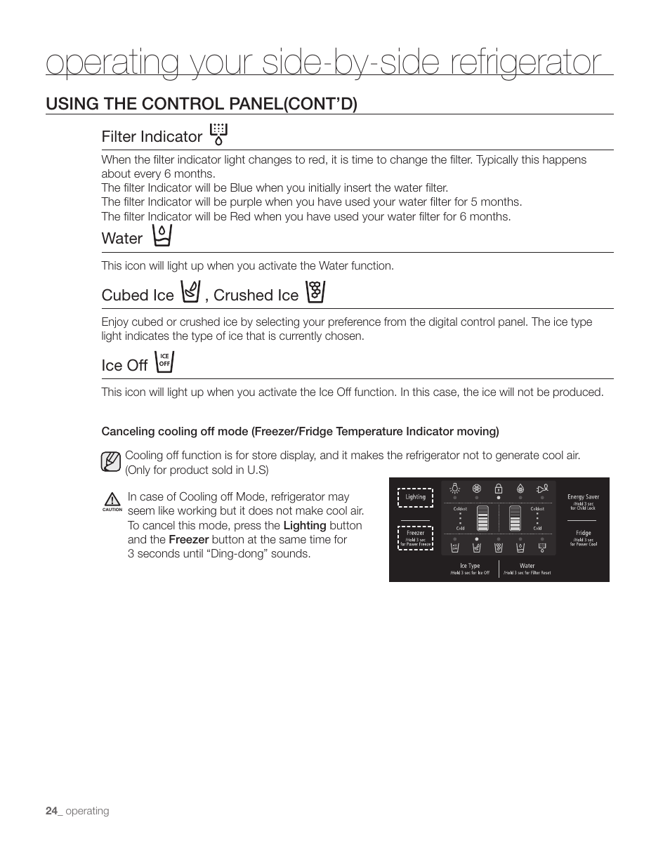 Operating your side-by-side refrigerator, Using the control panel(cont’d) | Samsung RS263TDPN-XAA User Manual | Page 24 / 68