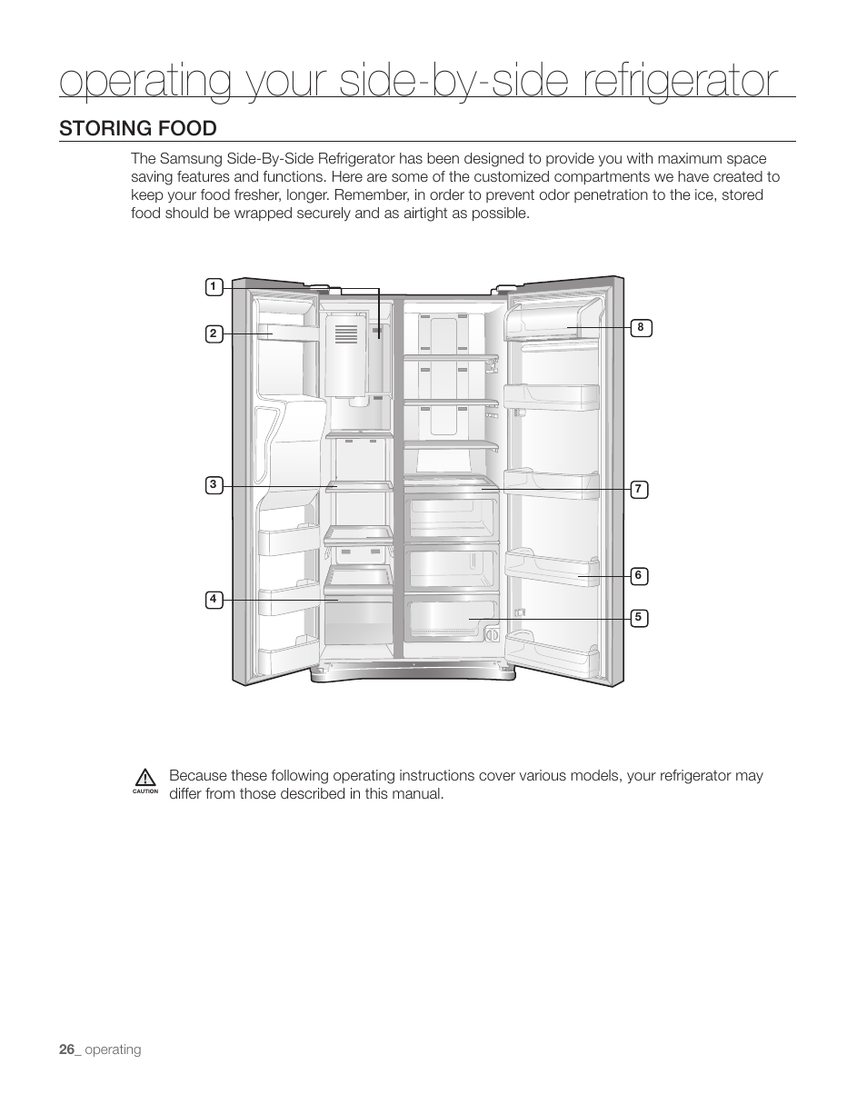 Operating your side-by-side refrigerator, Storing food | Samsung RS263TDPN-XAA User Manual | Page 26 / 68
