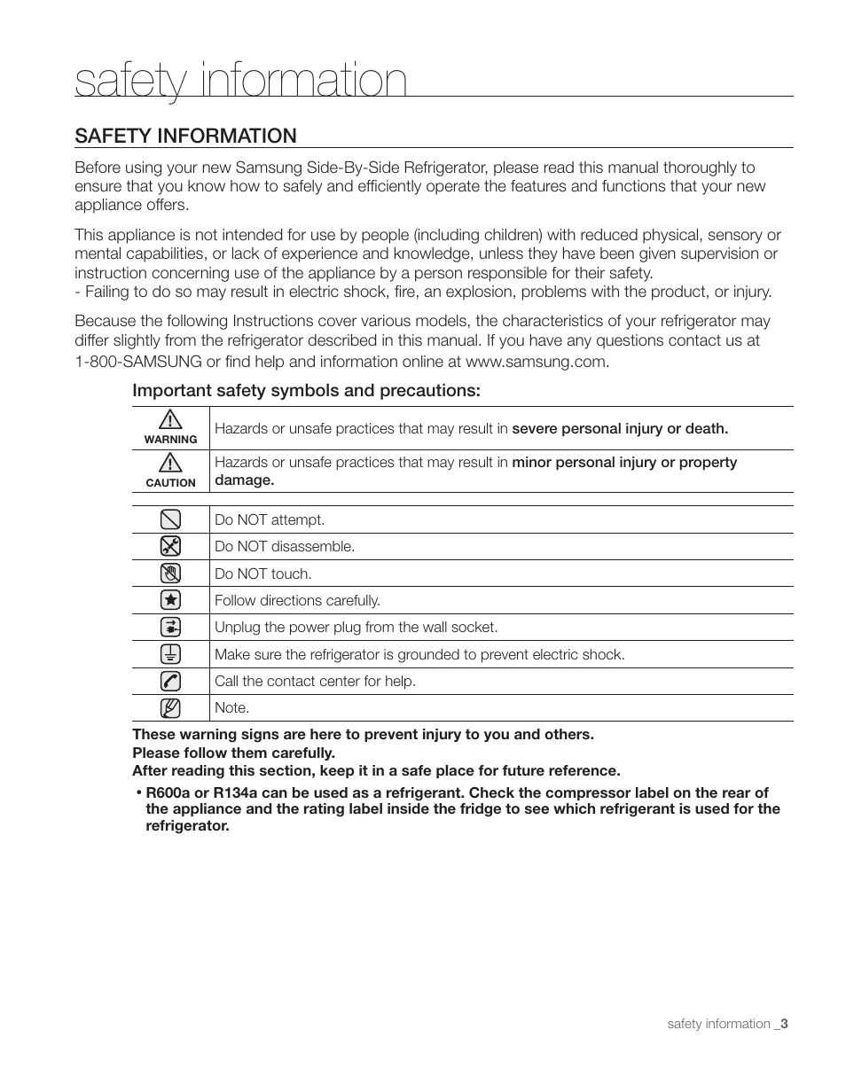 Safety information | Samsung RS263TDPN-XAA User Manual | Page 3 / 68