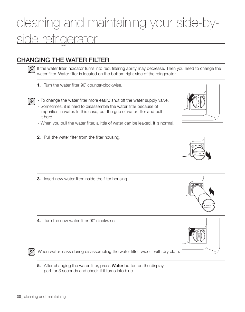 Changing the water filter, Cleaning and maintaining | Samsung RS263TDPN-XAA User Manual | Page 30 / 68