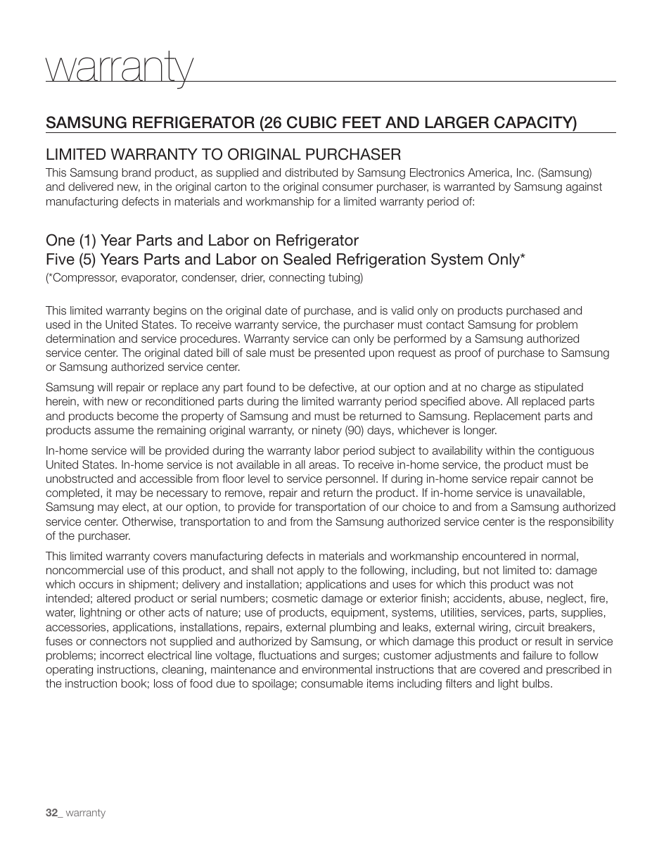 Warranty | Samsung RS263TDPN-XAA User Manual | Page 32 / 68