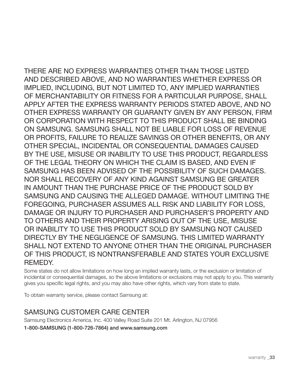 Samsung customer care center | Samsung RS263TDPN-XAA User Manual | Page 33 / 68