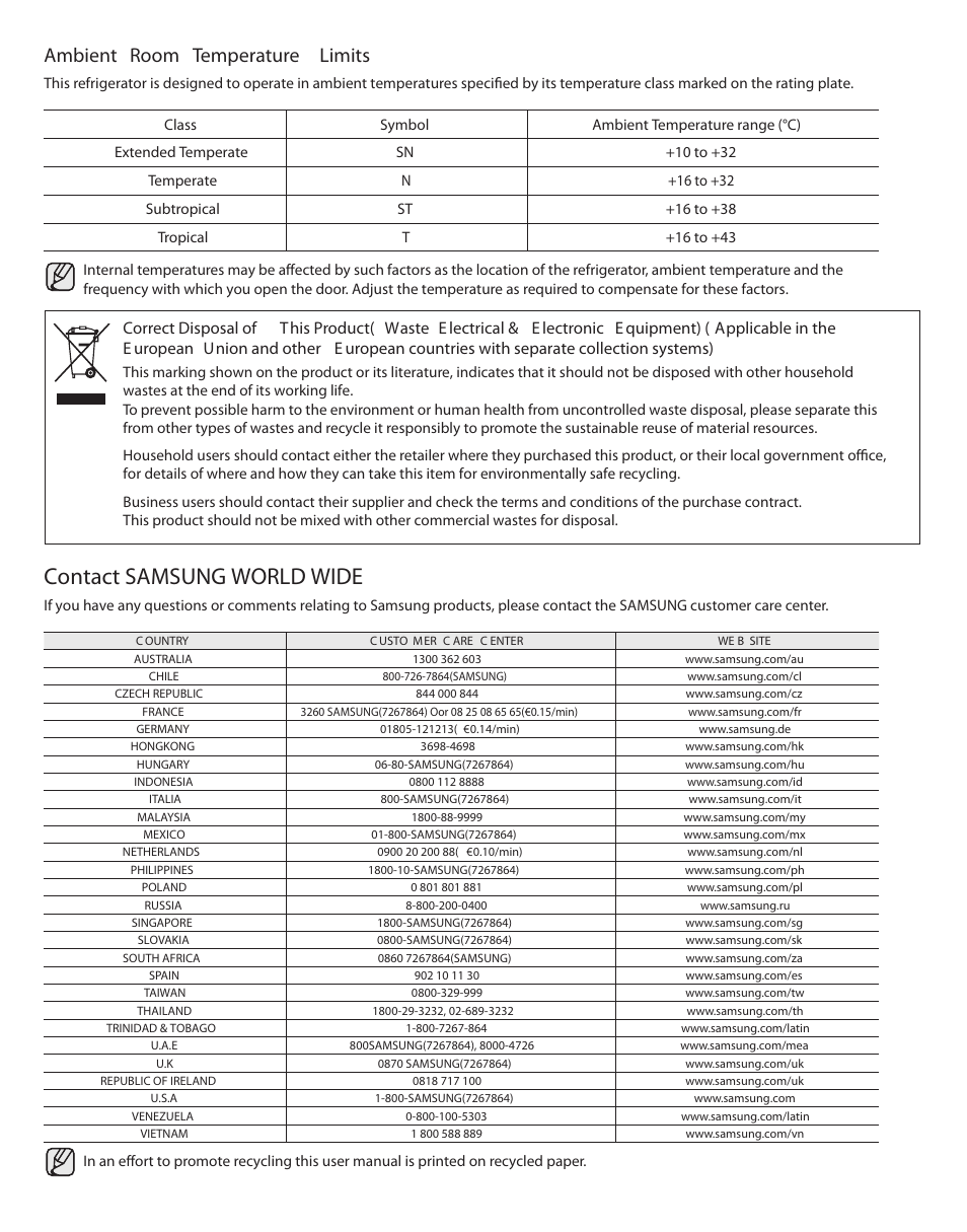 Contact samsung world wide, Ambient room temperature limits | Samsung RS263TDPN-XAA User Manual | Page 34 / 68