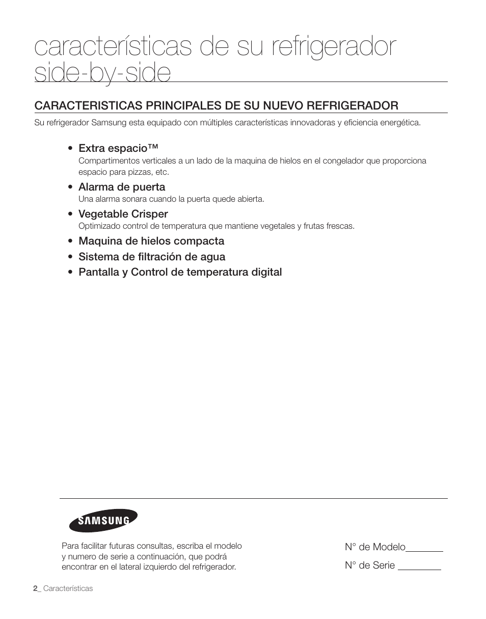 Características de su refrigerador side-by-side | Samsung RS263TDPN-XAA User Manual | Page 36 / 68