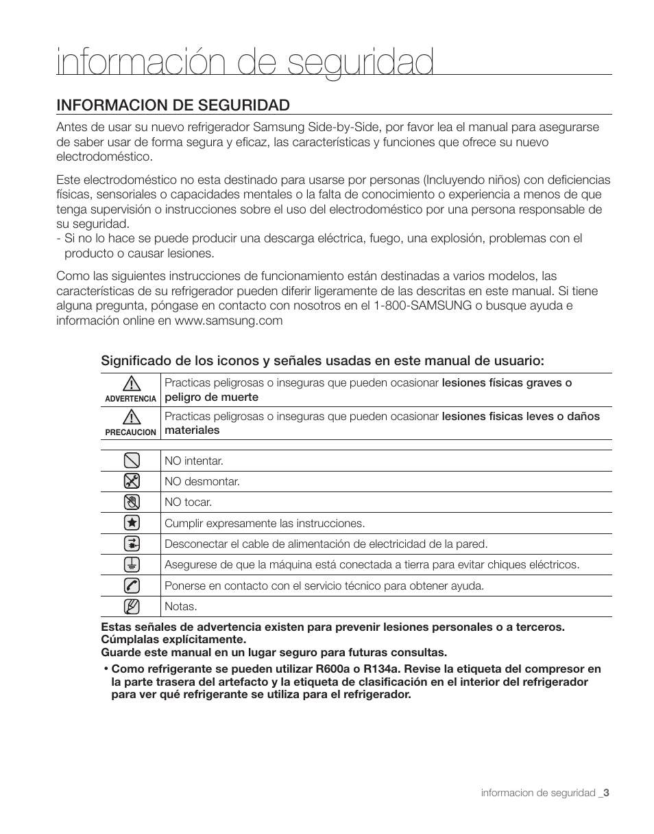 Información de seguridad, Informacion de seguridad | Samsung RS263TDPN-XAA User Manual | Page 37 / 68