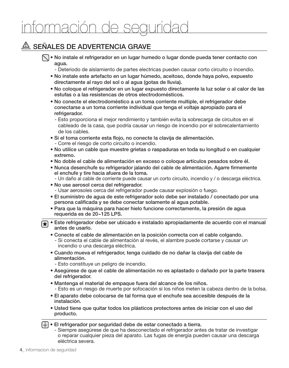 Información de seguridad, Señales de advertencia grave | Samsung RS263TDPN-XAA User Manual | Page 38 / 68