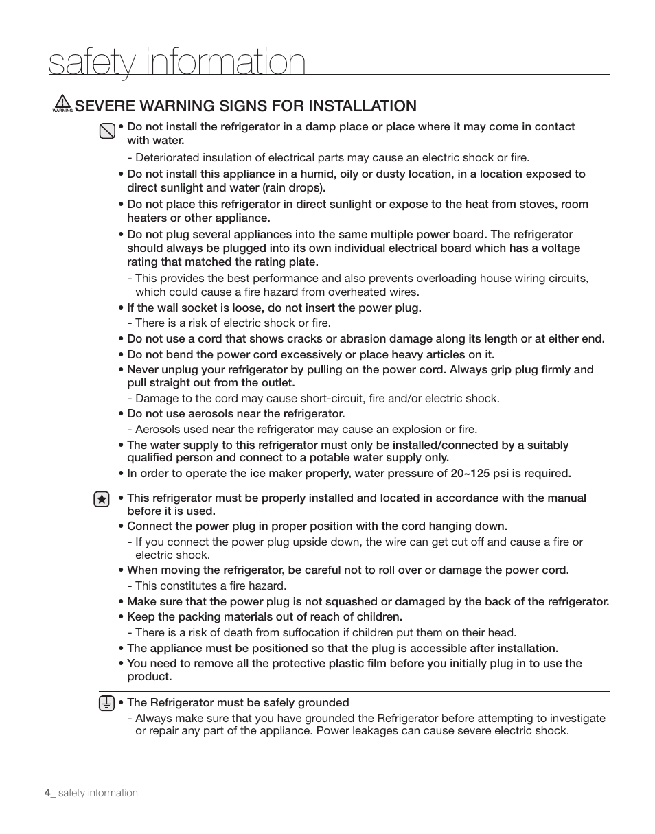 Safety information, Severe warning signs for installation | Samsung RS263TDPN-XAA User Manual | Page 4 / 68